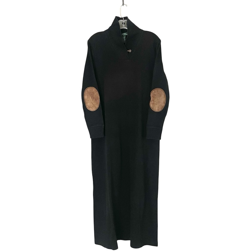 Lauren Ralph Lauren Black Knit Shawl Collar Maxi Dress Suede Elbow Patches Large